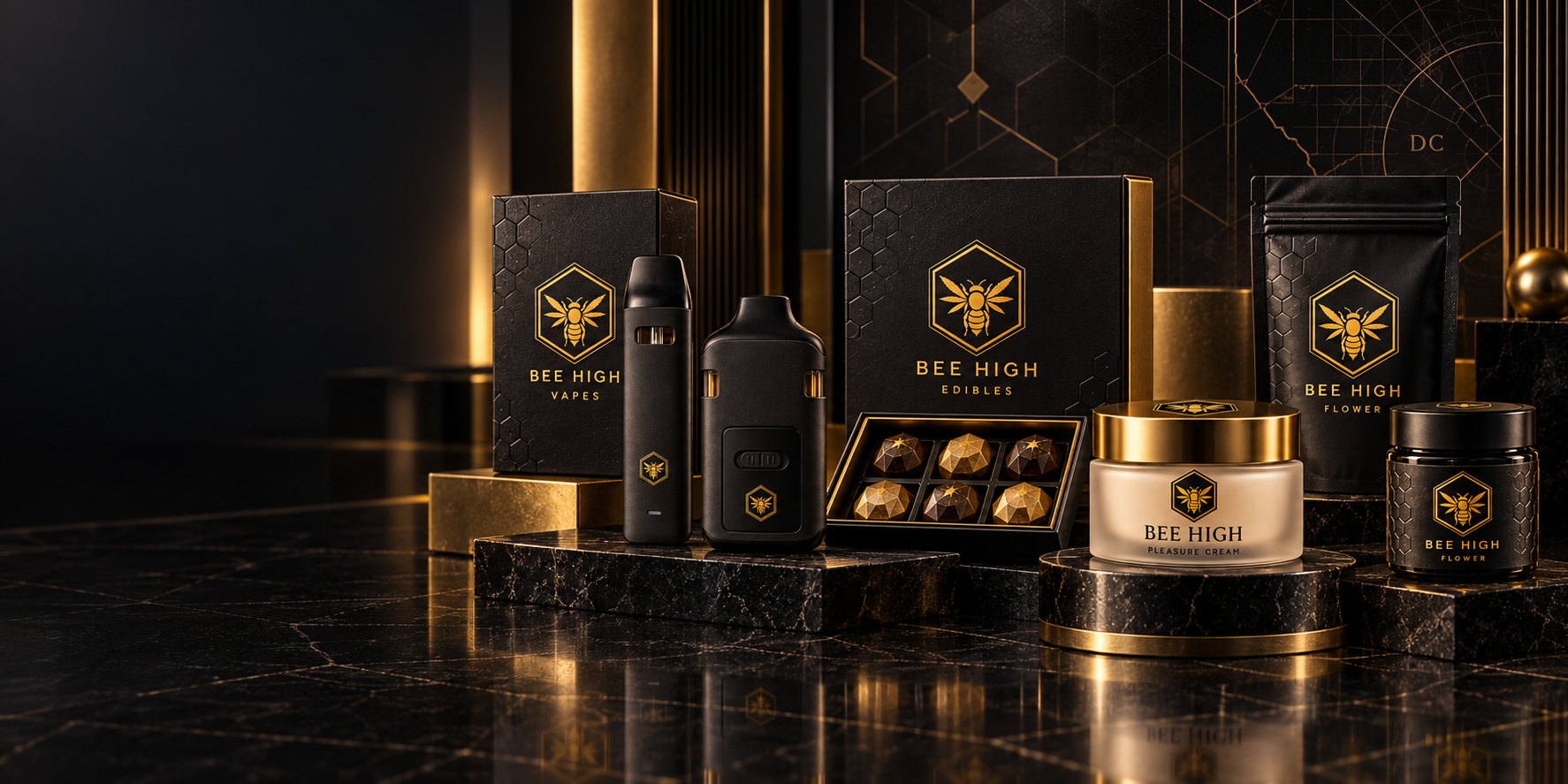 Bee High vapes, edibles, pleasure cream, and flower in black-and-gold packaging